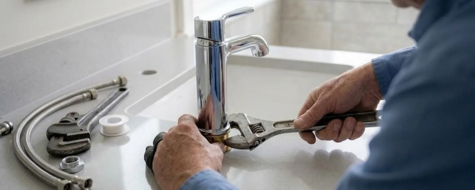 Hands replacing a sink faucet with an adjustable wrench