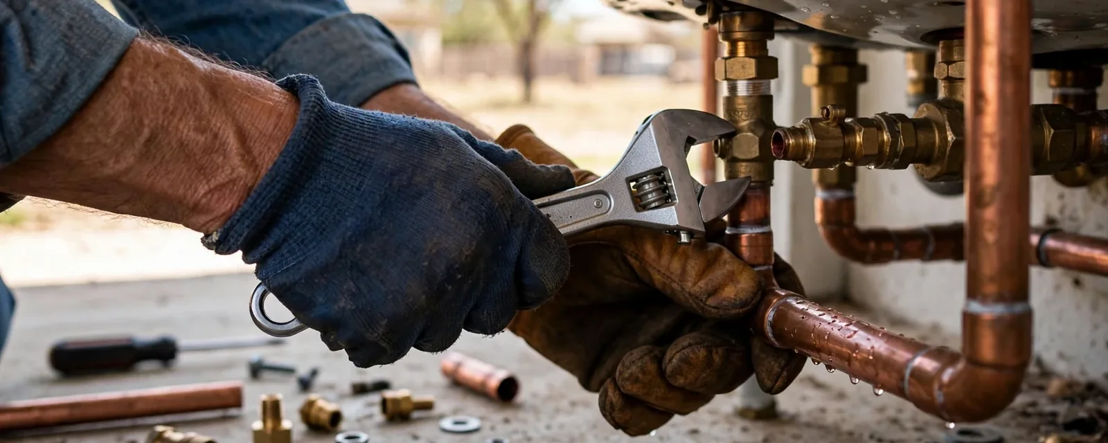 Gloved hands tightening copper lines on a water heater
