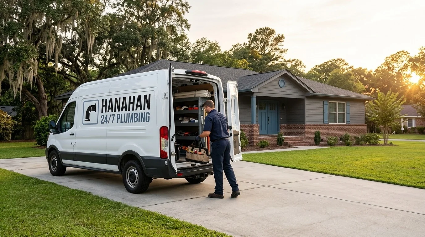 White Hanahan 24/7 Plumbing service van parked at a home in the Hanahan, SC area with a plumber unloading tools